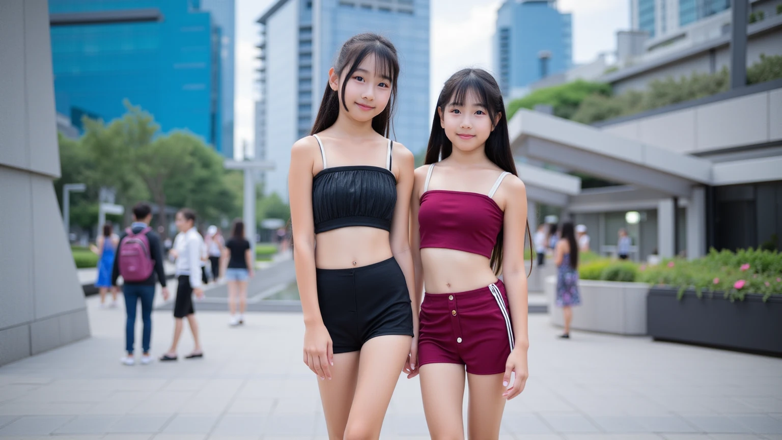 Very cute 10 year old twin girls(2 people)is having a pleasant walk in the park、Tank top、camisole、one piece、mini skirt、Long Hair、Slim body、Beautiful legs、Beautiful body、high resolution、8K、(smile)