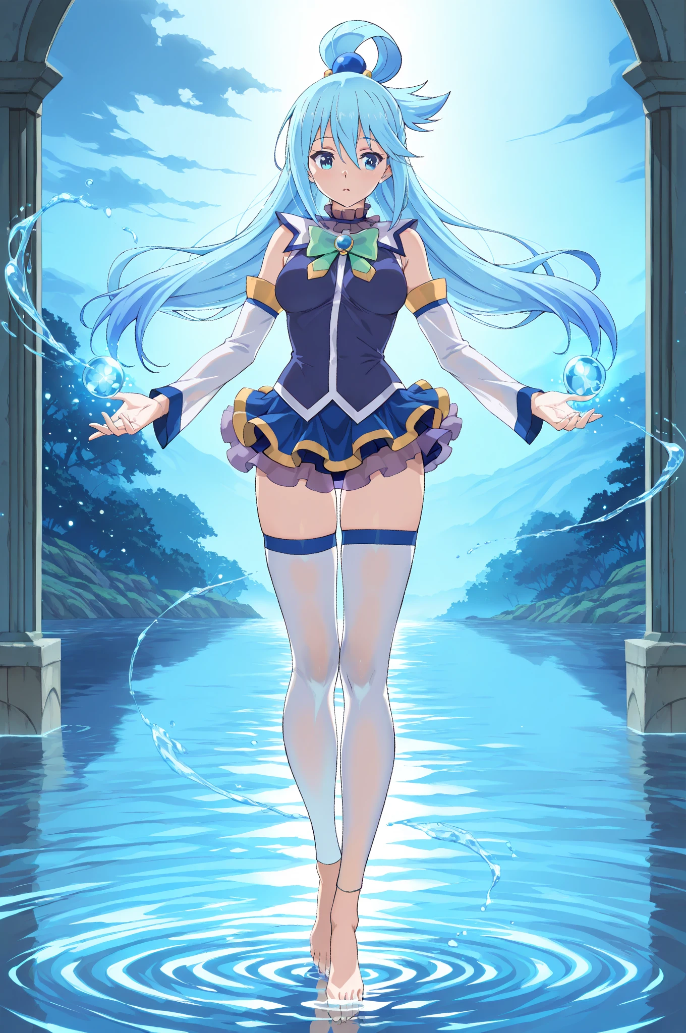 aqua \(konosuba\), mksks style, (very detailed background:1.0), (highly detailed background:1.0), {Masterpiece}, High Quality, 1girl, Emilia re:zero, purple eyes, Emilia, crown braid, x hair ornament, flower hair ornament, white hair, very long hair, medium breasts, blue footwear, blue thighhighs, blush, boots, breasts, bubble, detached sleeves, hair ornament, hair rings, leg up, long hair, looking at viewer, medium breasts, open hand, single hair ring, skirt, smile, solo, standing, standing on one leg, thigh boots, thighhighs, very long hair, water, white thighhighs, kono subarashii sekai ni shukufuku wo!,