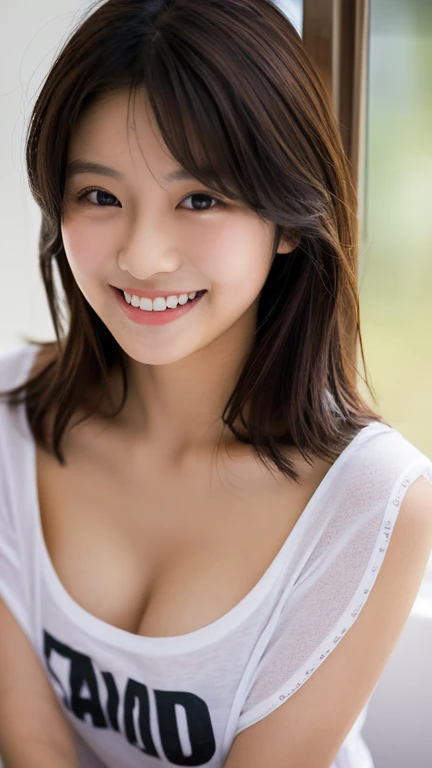 Japanese ),((beautiful girl)),cleavage,An expression that imagines something pleasant:1.2,(perfect body beauty:1.2),((perfect body)),(shy smile),beautiful teeth,