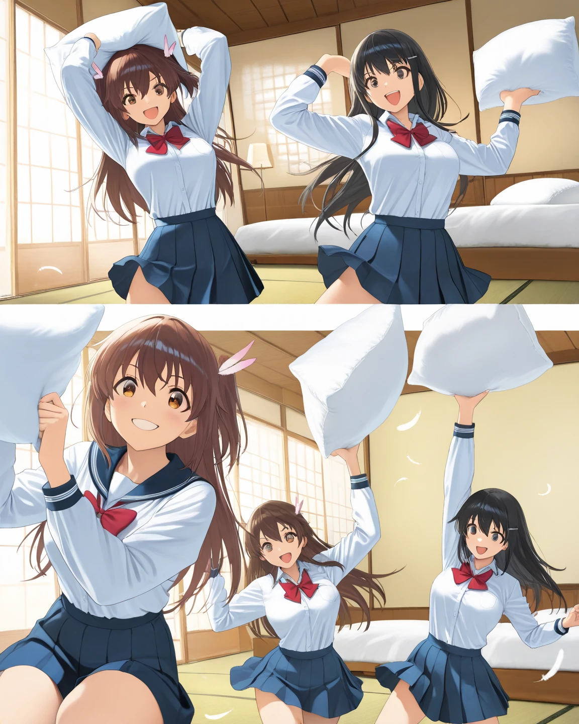long hair, looking at viewer, blush, smile, open mouth, bangs, multiple girls, skirt, brown hair, shirt, long sleeves, 2girls, hair between eyes, brown eyes, , braid, :d, sidelocks, pleated skirt, shoes, serafuku, socks, indoors, black skirt, sailor collar, neckerchief, kneehighs, window, brown footwear, curtains, black socks, loafers, carrying, red neckerchief, black sailor collar, folded ponytail, wooden floor, princess carry, inazuma \(kancolle\)