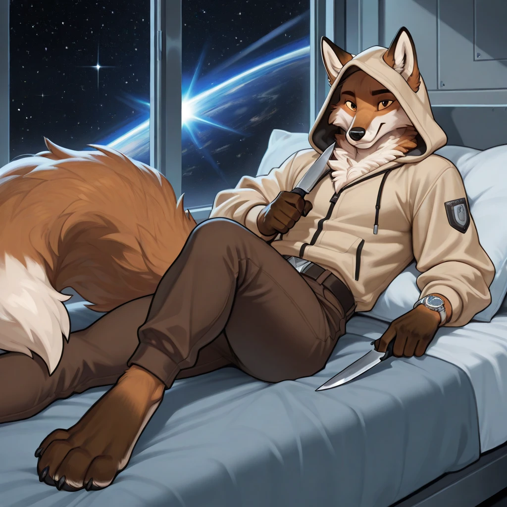 anthro, furry, male, brute gnoll, (rough brute black hyena wearing black sweatshirt SWAT vest), (he is lying down and have black hood:1.3), neck cover:1.1, solo, black cloathes:2.6, pants open grabbing penis and saggy balls, flacid:1.5, super detailed, detailed face, best art, 8k, vibrant, (by snowskau), by taran fiddler:1.8, by RedRusker:1.8, art stile, 3D, halfbody, (detailed background:1.5), dark forest at night