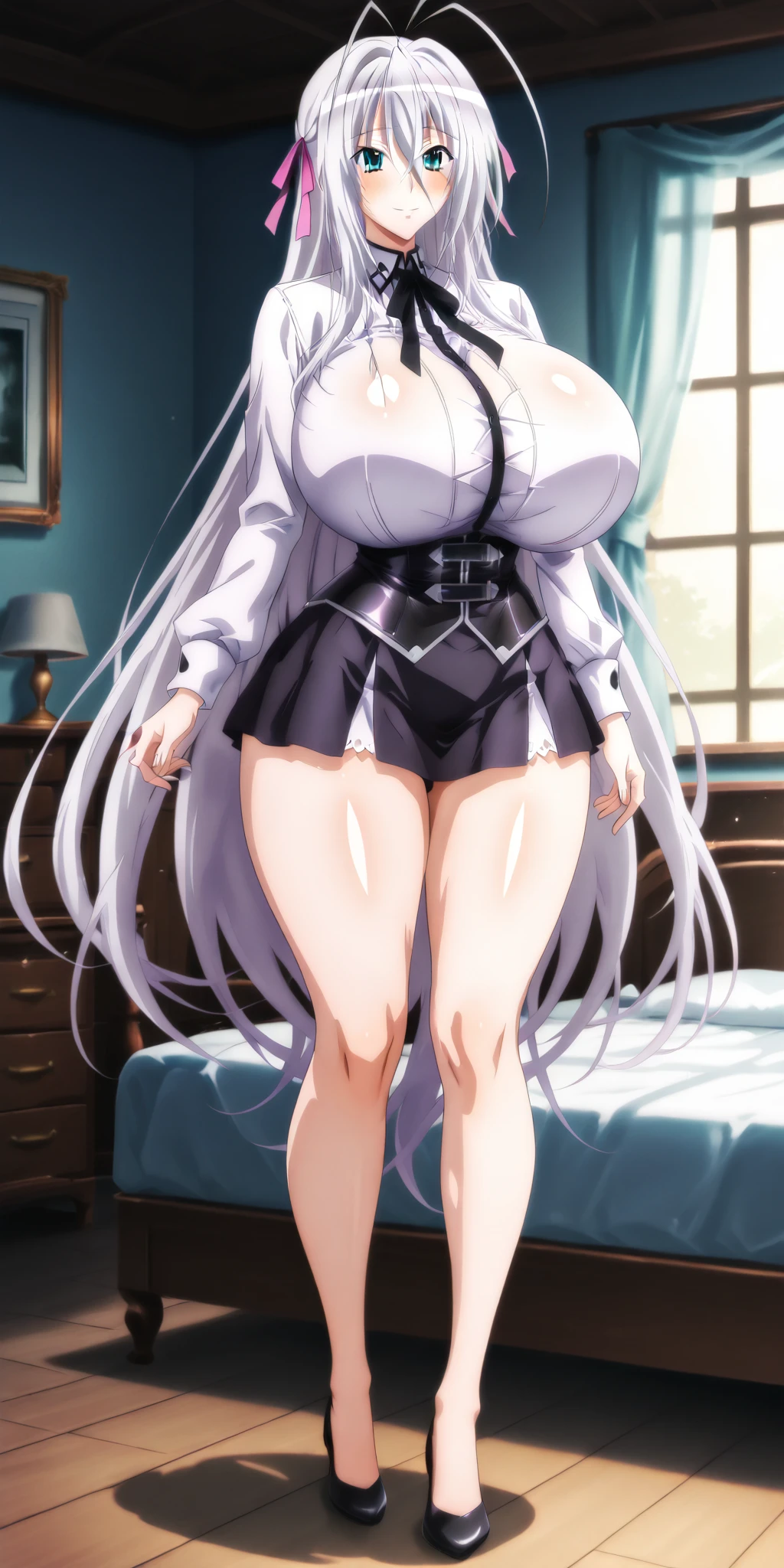 hina(blue archive),1girl,solo,halo,huge breasts,looking at viewer,near,standing up,in room