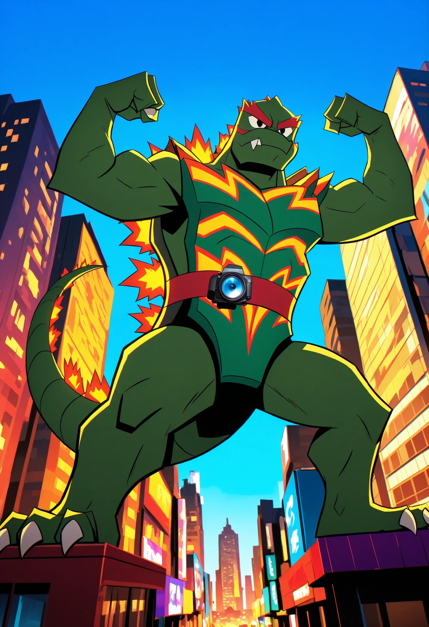 cartoon green Godzilla, giant kaiju, green skin, cartoon 2d style, black eyes, bigger cartoon eyes, male, solo, sharp claws, detailed monster, flexing, serious expression, full body, city background, blue sky background, epic scene, dramatic lighting, cinematic camera angle, highly detailed, 8k, ultra-cartoon, photo cartoon, professional lighting, studio quality, saturated colors, dynamic composition, cinematic atmosphere, saturated color palette, very saturated colors