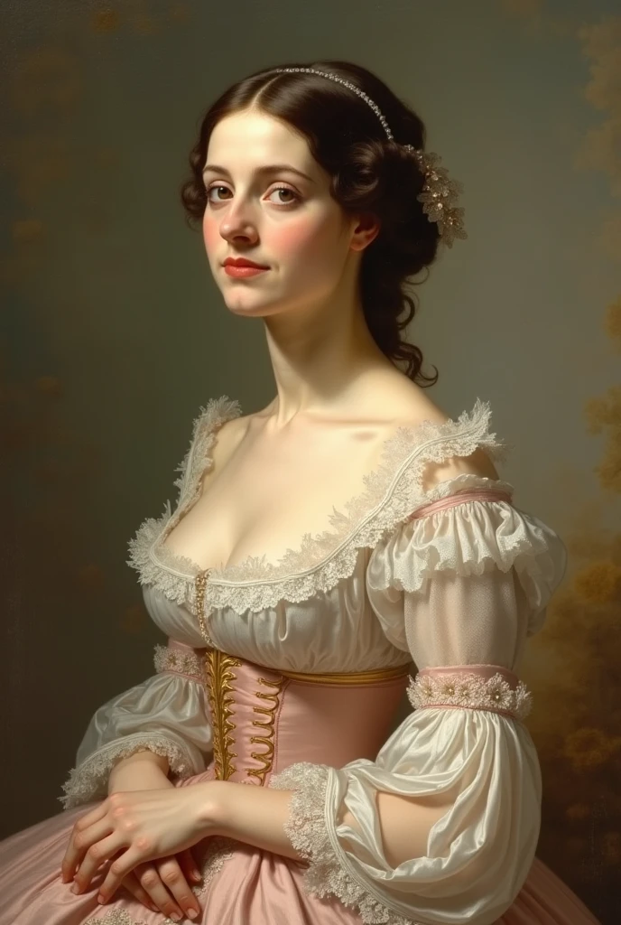 Beautiful young girl, 21 years old, dark brown curly hair; she has a pastel pink blouse with a large neckline, a dark violet skirt well trimmed and fitted; the woman holds a rose; beautiful woman, inspired by Franz Xaver Winterhalter; portrait of an extremely attractive woman, with medium breasts; very beautiful woman, beautiful maiden; seductive gaze; eugene de blaas, art by edouard bisson, melancholic chest, by Franz Xaver Winterhalter; masterpiece; 8k; UHD