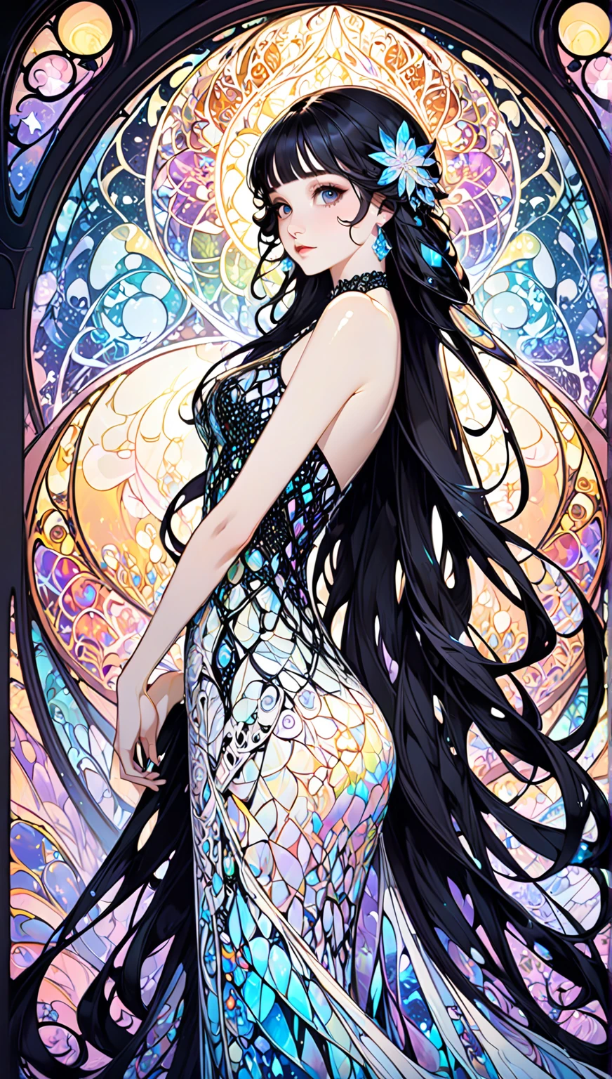 (masterpiece),(Highest quality), shape, (Fantasy:1.4), Brown long hair, Long eyelashes, Round eyes, A light smile, Surrealism, Cast a Shadow, Anaglyph, Stereogram, Atmospheric perspective, 8k, Very detailed, Accurate, Highest quality, Ultra-high resolution, Textured skin, Long dress, moon, Flowers , paper_cut