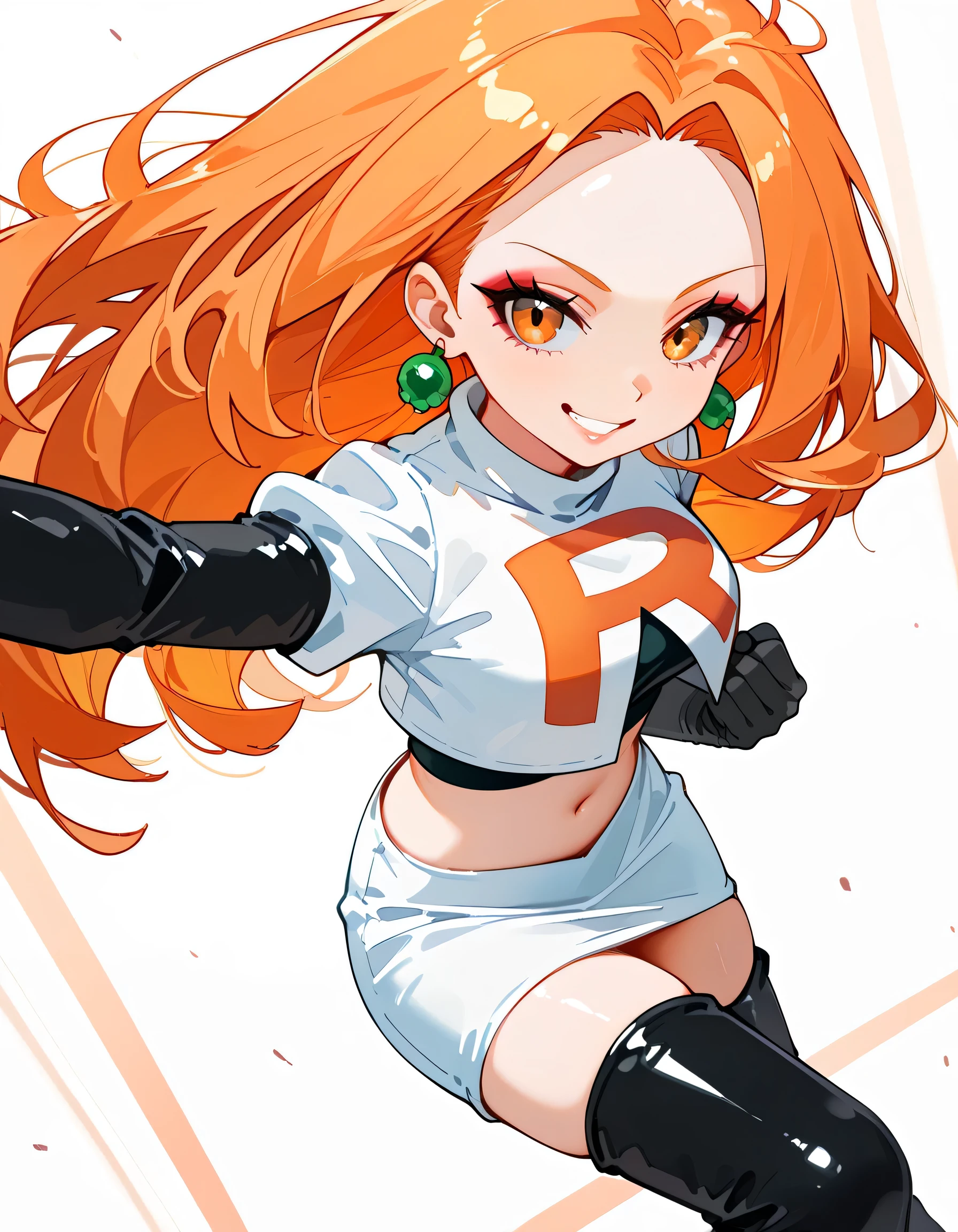 sideview,(dynamic angle,dynamic dramatic fighting pose),solo,(black++ shoulder length hair,pastel orange innner color hair),forehead,eyeliner,eyelash,natural cosmetic,adult female face,full lips,team rocket uniform, white jacket, white skirt, black thigh boots, midriff, black elbow gloves,smile grin,earrings,soft lineart,white background,memorial shot,(looking at viewer:1.3),