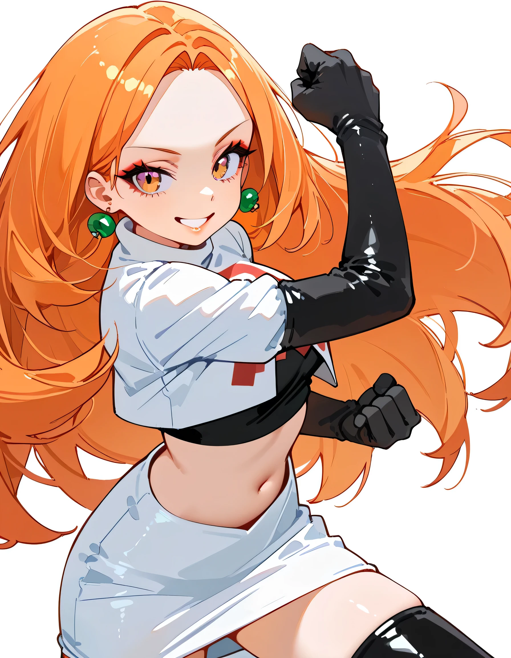 sideview,(dynamic angle,dynamic dramatic fighting pose),solo,(black++ shoulder length hair,pastel orange innner color hair),forehead,eyeliner,eyelash,natural cosmetic,adult female face,full lips,team rocket uniform, white jacket, white skirt, black thigh boots, midriff, black elbow gloves,smile grin,earrings,soft lineart,white background,memorial shot,(looking at viewer:1.3),