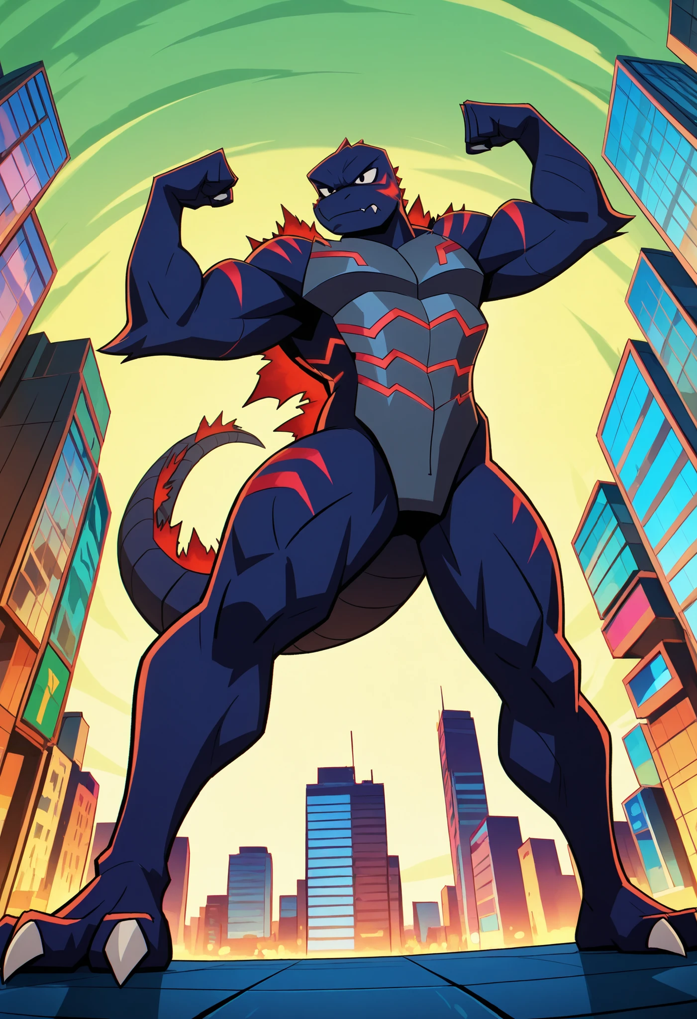 cartoon Godzilla, giant kaiju, cartoon 2d style, black eyes, anthro male, slim body, solo, sharp claws, detailed, flexing, serious expression, full body, macro in miniscule city, epic, dynamic angle, highly detailed, 8k, professional, studio quality, saturated, dynamic composition, cinematic, attractive, handsome, alluring, seductive, inviting, sexy