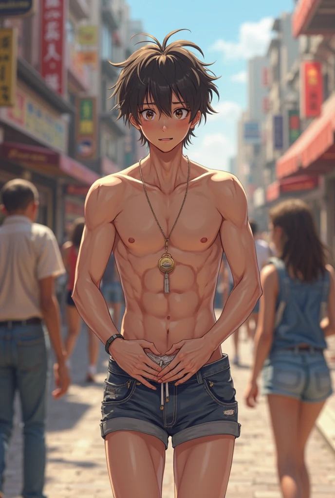 ultra realista, 16-year-old boy with brown cinnamon skin, cuerpo atletico tonificado cabello liso,masculino serio pensativo observador tiene el dorso desnudo y viste un atuendo blanco tipico del antiguo egipto, caminando perdido , asustado por las calle de new york, por las calles de una moderna ciudad