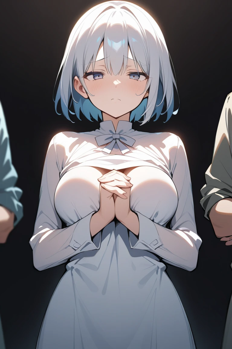 white hair woman、short-cut、Bangs that hide one eye、The whole body is wet、Sweaters、Angry、pov hand、Others touching a woman's breasts、Others rubbing women's breasts、