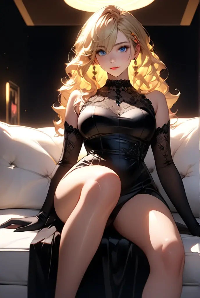 (((Blonde stunning hair))), (blue eyes), blue necklace, Golden earrings, Fit, Gorgeous Body, gorgeous, brown eyebrows, (two moles over lip), big pupils, (23 years old), 1girl,solo, complex skin, warm light, (large breasts), wide thighs, round butt, 5 fingers, ((blushing)), ((detailed face, best quality)), ((masterpiece)), ((ultra-detailed)), (beautiful detailed eyes), red lip, eyeshadow, beautiful face, long hair, very detailed eyes, intricate details in eyes, perfect lips, good lighting, cleavage, girly bedroom background, pink bedroom, ((Black latex leggings)),(knees wide open, sitting on bed), (full body, POV: 1.5 from the bottom-middle), character in the middle of the portrait