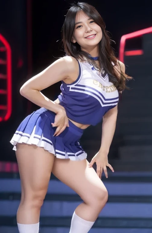 (8K, best quality, masterpiece:1.2), (realistic, photo-realistic:1.37), (high color saturation:1.0), (highly detailed skin), (highest quality:1.0), (ultra high resolution:1.0) ,(realistic:1.0), (Super detailed:1.0), (8K, Raw photo:1.1)、random pose, smiling, small breast, perfect lighting, solo, 1girl, (mysterious), (blurred background), clear and detailed, dancing, cheerleading_uniform, hold in hand pompoms, ((indoor_stadium)), low angle, blue and white stripe skirt, raise one legs, panties, inverted nipples, jumping pose, software, full body shot、nsfw,