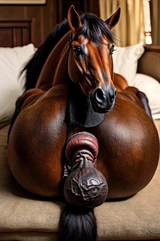 Elderly Horse, plump pussy, dripping wet pussy, large ass, large breast, laying on back, dildo in anus, being watched, wearing hooker outfit