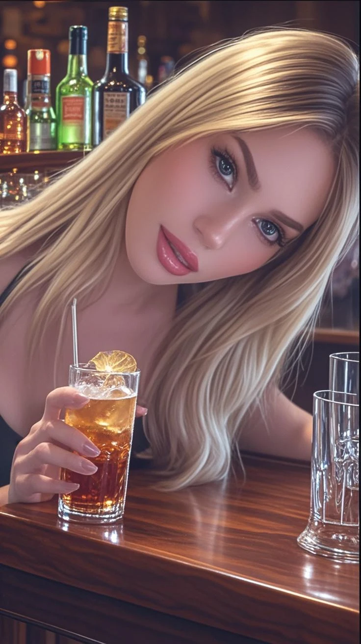 Female natural、platinum blonde hair, wet hair, dark tanned skin, crystal blue eyes, loosefitting pyjama top、Long pyjama pants、looking at the camera, relaxing on a couch with a glass of wine, Happy and relaxed look, Sunday night, glass of wine.