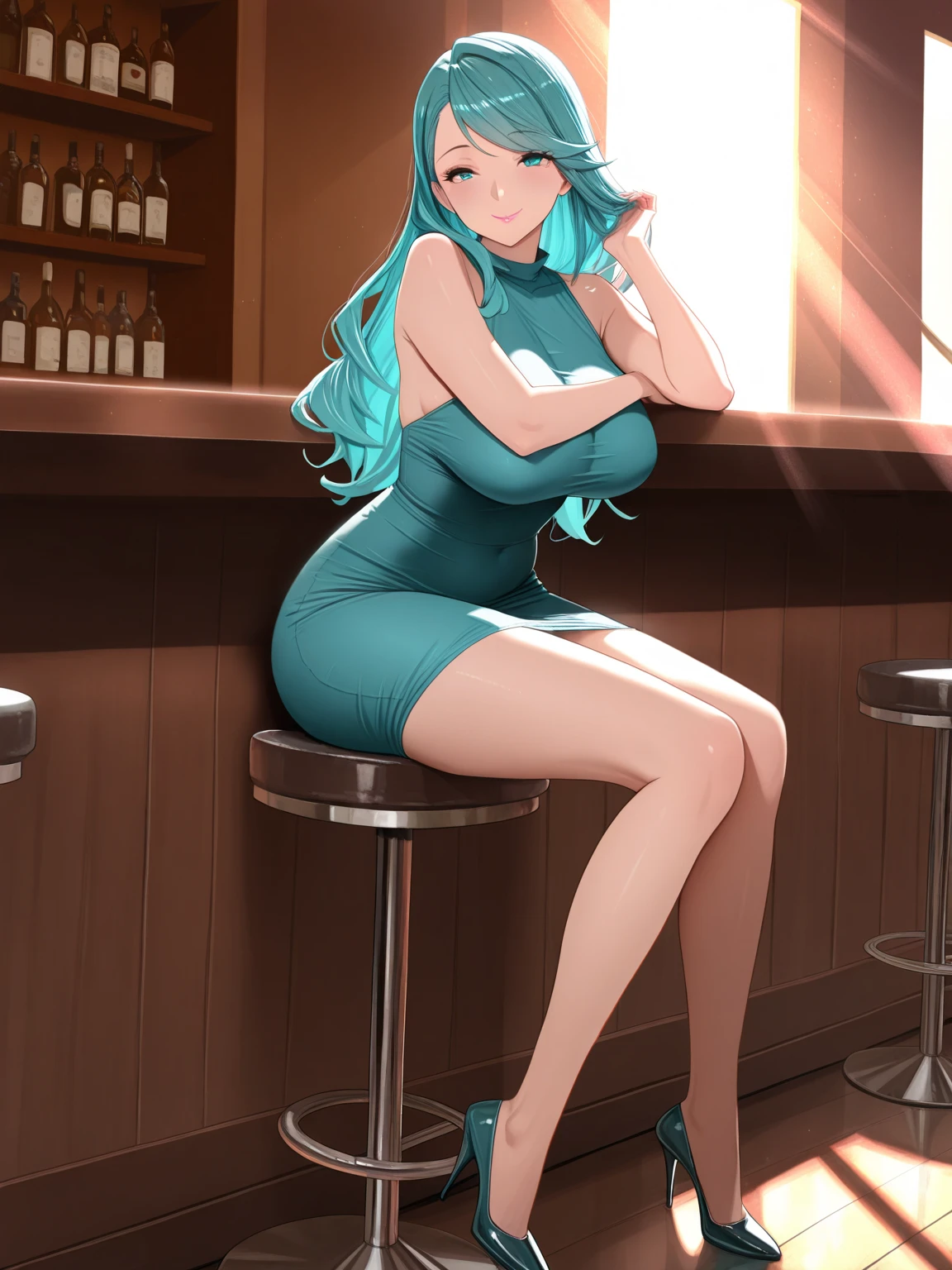 (Masterpiece), Best Quality, ultra-detailed, 1girl (rinko_iori, Slender and sexy body, big and pretty breasts, dark blue hair, long wave hair, blue eyes), smile,parted lips, facing viewer, looking at viewer, solo, elegant tight evening dress, very tight dress, silver dress, sexy outfit, long slim and fit leg, big v neckline, 21thshirow, covered nipples, in the store, standing, Sexy waist teasing, a provocative pose 