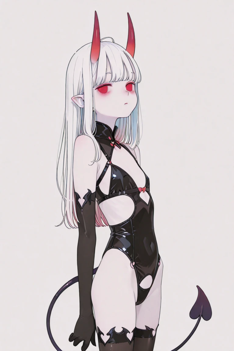 score_9, score_8_up, score_7_up, source_anime, Expressiveh, 1girl, rabbit ears, tesing pose, alice, grey long hair, red eyes, pointy ears, small breasts, navel