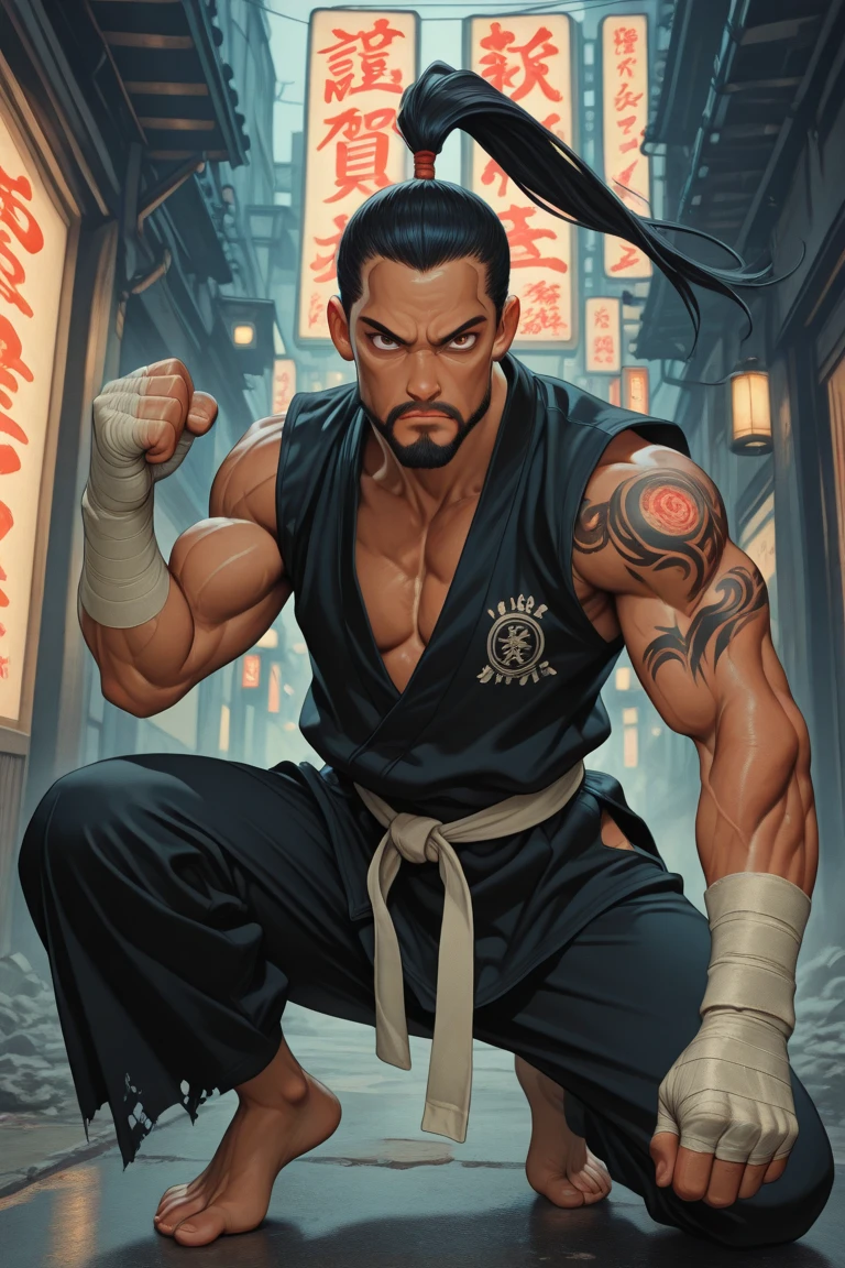 kofheavyd, 1guy, solo,open eyes, jacket, smiling, shirtless, black shorts, boots, abs, masterpiece, crossed arms, handsome, masculine features, ((japanese garden:1.2)), detailed picture , goatee:0.7, high quality, excellent rendering, <lora:GoodHands-beta2:1> <lora:HeavyD-000005:1> <lora:Elixir:0.1>