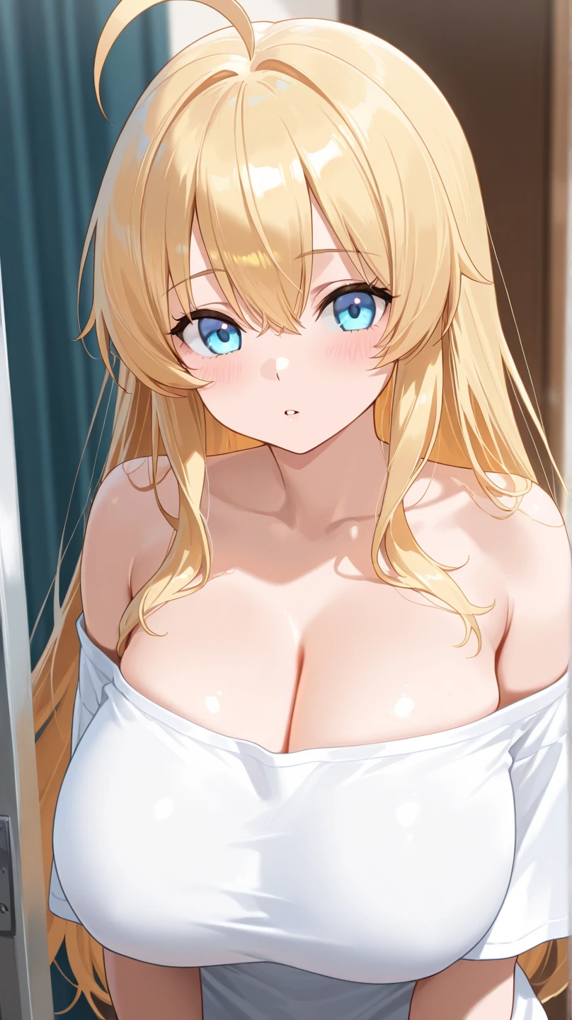 Blonde、Blue Eyes、Embarrassed look、Blushing、Cover your chest with your hands、naked、Bed in the background