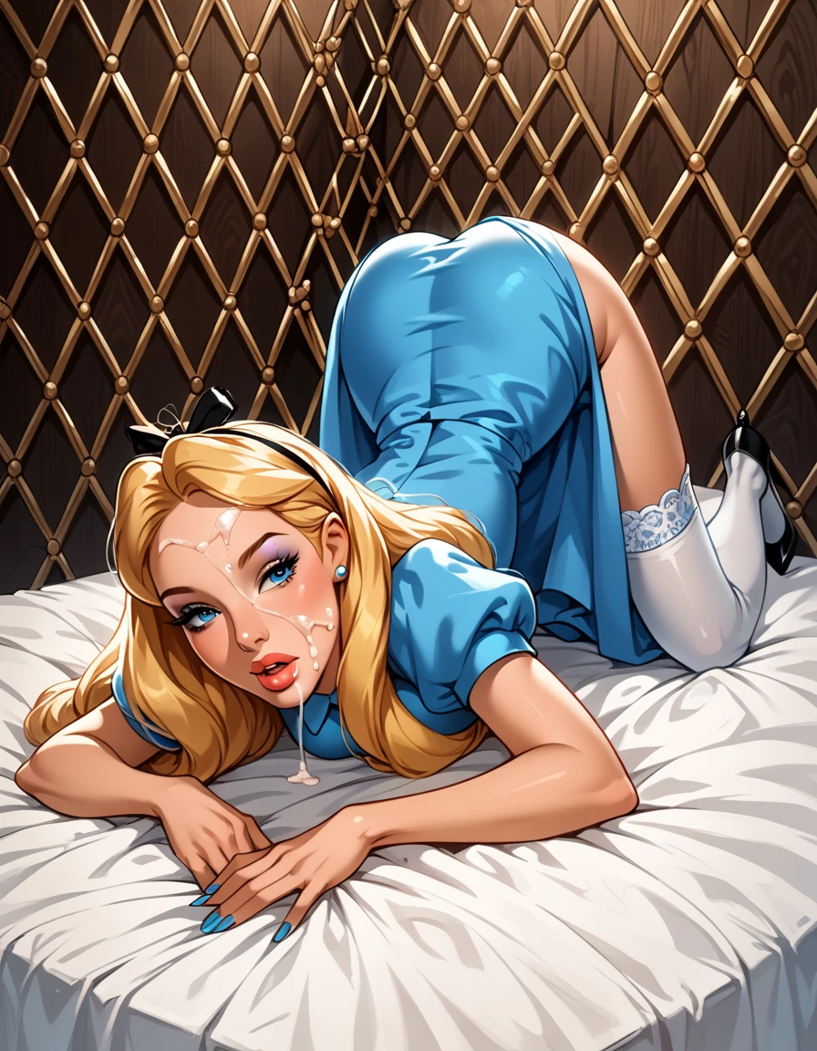 masterpiece, 1girl, solo, a sexy Alice in Wonderland with blonde hair, realistic, powder blue dress with white apron, white stockings, cleavage, dynamic, ultra high def, 32k, (perfect anatomy, cute face, open mouth), grabing herself legs, perfect nude medium breast, perfect legs, in the style of Artgerm and Adam Hughes, bed, matingpress, 1boy, sex, spread legs, lying, on back, (pov anal penetrated, nsfw, nude breast), feet