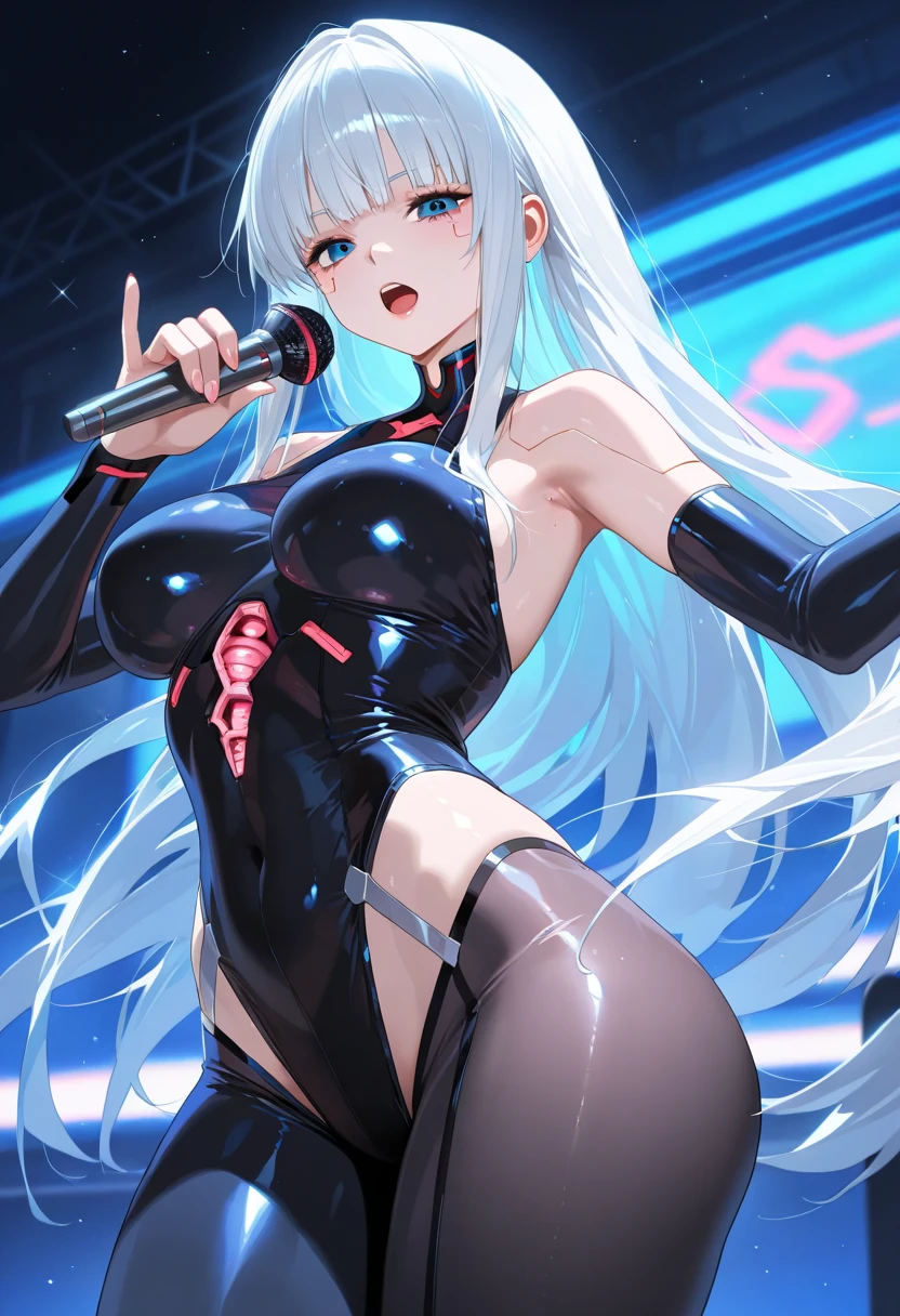 1girl, white hair, large breasts, breasts, thick thighs, wide hips, red eyes, bodysuit, black bodysuit, pantyhose, long hair, light smile, happy, science-fiction, tech, futuristic, black pantyhose, thighhighs, neon, machinery, hair ornament, ornament, neon trim, anime style, 2d, anime screencap, shoulder armor, blue neon trim, hip sway, swaying hips, bouncing breasts, arms behind back, hands behind head, arms behind head, arms up, me!me!me dance /(meme/)