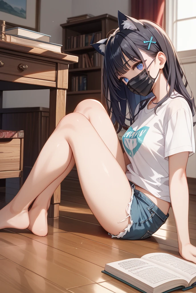 realistic image, detailed image, coherent image, 1 beautiful elf, she has very long hair, ponytail hairstyle, black hair, turquoise eyes, tired face, sweating, she is wearing some She is wearing a loose blouse, showing her navel , jean mini shorts, sneakers, She has a curvy body, medium breasts and thick thighs, She is sitting sensually, sitting on top of a cardboard box, arching her back, surrounded by mountains of cardboard boxes, looking at the boxes, inside a family room, dusk, twilight, Soft focus, full body view, Dramatic shadows, Volumetric lighting, natural lighting,