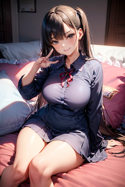 top-quality、1girl in,Black Hair Short Hair、Red Eyes、Red cheeks、light skinned、a small face、a smile、spreading arms widely、Dark blue uniform:1.3、huge tit,Open chest:1.2、Plaid miniskirt、beauty legs、Black School Socks、Dark hotel room、Lie on your back on the bed:1.5、Angle from above、View here、Background blur、​masterpiece