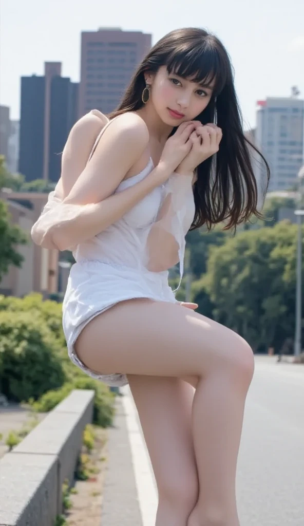((top-quality、in 8K、masterpiece:1.3、Raw photo))、Super high quality photos, ((In the dense forest)), ((Aerial Photography)), Japan Top Idol Women With Perfect Beauty, Perfect beauty, ((slim figure))、((der riese))、((Wear a white see-through shirt)), ((not wearing bra)), (( are protruding)), tropical jungle、 (Photorealistic: 1.4), (Ultra-high detail), (hyper realisitic: 1.4), (Realistic: 1.3), (Smooth lighting: 1.05), 1girl in, Solo, (Japanese actressl), 20yr old, Full body, ((camel's toe)), ((der riese)), Size difference, cinematlic lighting, ((slim thigh)), ((Perfect beauty)), ((The most beautiful face)), ((Transcendent beauty)),tropical jungle、((with spreading legs)), ((In the dense forest)), ((slim figure)), ((Some small tents at the campsite)), ((Small people々is running away)),((Aerial Photography)), Real rain, wetting hair,