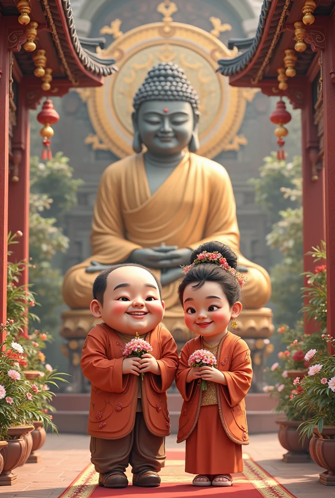 A 5-year-old monk,bald-headed,ember,Round head,Chubby, Smooth and fair face,With big charming eyes,二重まぶた,Thick eyebrows,High nose,Beautiful lips with a smile,身grey袈裟,Fold your hands with Buddha beads together,frontage,Sit cross-legged in front of the temple,k hd,Normal hands background temple