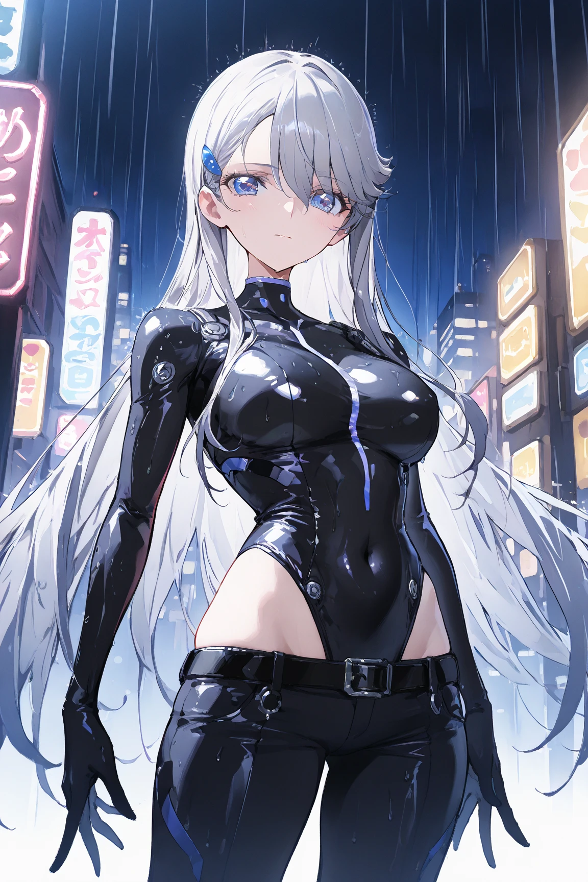 tmasterpiece, Best quality at best, Outdoor sports, venue, at a forest, grassy, the eye of the universe, eyeslashes,Latex concept, 1 Sister, Alone, looking at viewert, Upper part of the body, both hands on hip, tightsuit, skin tight, latex,White jumpsuit,White jumpsuit, shinning clothes, Shiny, Cover the navel, steams,tmasterpiece, Best quality at best, 1 Sister, Forina, genshin impact, White hair, Blue hair, Cute big breasts, tear pupil, sad, Critical hit rate, under the water, airbubble, The large, falling into oblivion,White latex coat, abandoned city lock,hair covering one eye,((Gradient hair)), A thin body,Beautiful blood red eyeshadow,Wearing long white gloves:1.a purple eye:1 white hair, Blue hair:1.3, Super fine eyes, Sick, fundo vermelho, red eyes, empty eyes tired:1.1), eye bags, partially colored, (messy hair:0.9), face expressionless, (looking-down:1.3), (shaded face:1.2), shadows on eyes, seen from the side