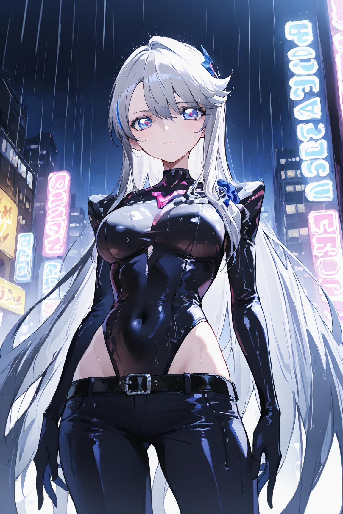 A silver-haired beautiful girl with cat ears eyes are green hair is silver and long clothes: a form-fitting black combat suit The fist is an afterimage The background is a city at night her is in a cat-like fighting pose The year is 14 years monitor, Dark Night, Sweat, Steam of Exhalation, Space, Battle, Dynamic Angle one girl