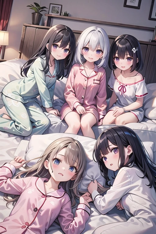 best quality，，smile，cardigan，Girls hugging each other，bed，Boyfriend&#39;s house，Evolution Fashion，future fashion，blazer，ribbon on uniform，mini skirt，high school girl，multiple girls are depicted，harem，idol group，photo shoot，long hair，wearing a cardigan，highest quality，big breasts，happy girl,horny girl，pink eyes，perfect face，standing position，I have my hands in my pockets，letting down one&#39;s Bangs，beautiful eyes,gym,girls hugging each other,smooth hair，multicolored hair colors，naughty girl，beautiful girl，beautiful girl，loose socks
