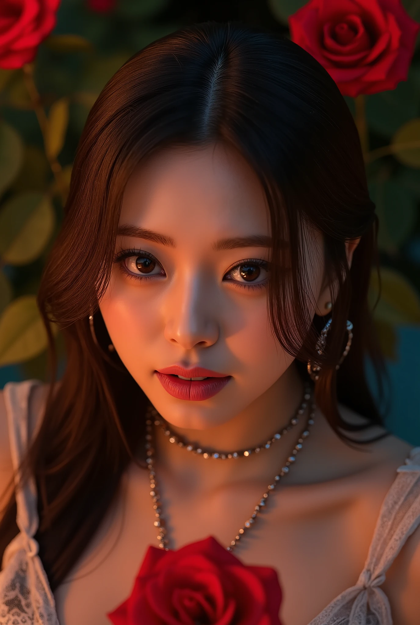1girl, alone, solitary, high quality, (best quality,4k,8k,highres,masterpiece:1.2),ultra-detailed,(realistic,photorealistic,photo-realistic:1.37),gorgeous hair,light brown hair,long hair with bangs,sharp eyes,mole under the eye,plump lips,jewelry,(high detailed skin:1.4),(rim lighting:1.3),(lit:1.3),(sunny day:1.3),portrait,beautiful lips,waist-length hair,seductive gaze,moles,casual clothes,colorful clothing,close up,super long hair,choker necklace,bangs,fringe,dimples on the cheeks,dimples,brown hair,lighthair,brown hair,black,red lips,red lipstick,round lips,round pouty lips,pouty lips,douyin makeup,sparkly makeup,blue,green,pink,purple,wine red,highlights,colored highlights,piercings,gems,lipstick,lip gloss,tattoos,tattooed,navel piercing, girl,innocent