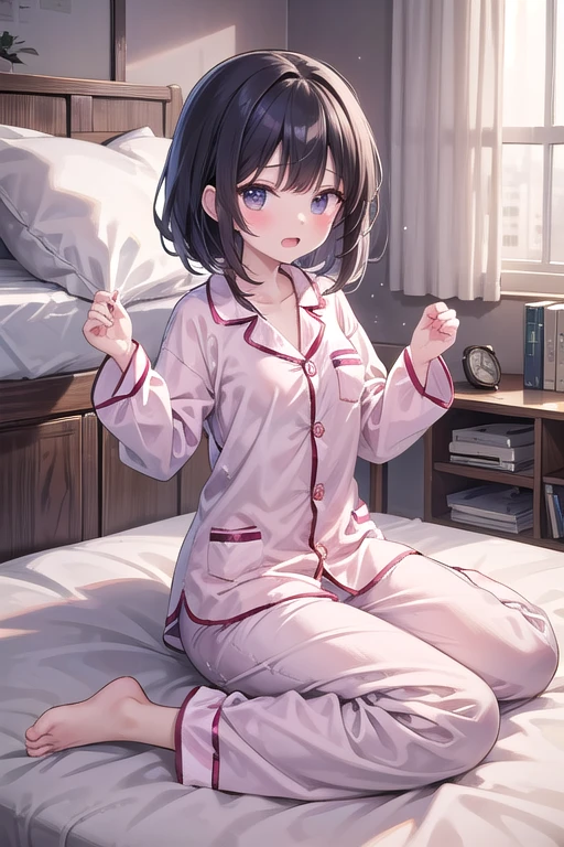 Brunette color hair，Short fine hair，With bangs，Yellow Eyes，Adorable，Teen，White long sleeve pajamas，Pajamas in white pants，Bedroom with warm background，Lie down in bed，Brown Hair，Shortcuts，Messy Hair，Slender beauty，Small chest，Beautiful feet，