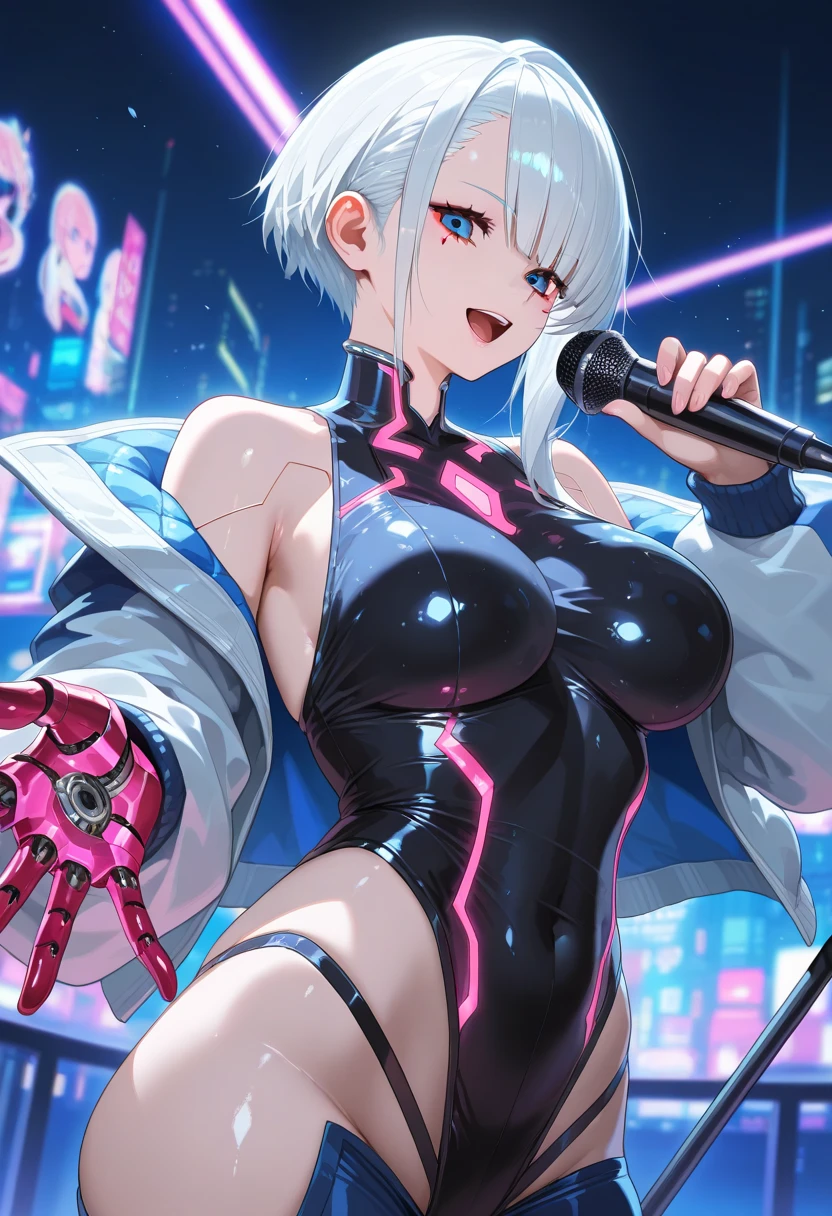 (masutepiece: 1.3), (max resolution: 1.2), (Ultra HDTV: 1.2), cinema lite, Ultra HDTV, (Detailed eyes and skin), (detailed facial features), 8K resolution, Sharp Focus: 1.2, Perfect Style, Beautiful Face, accurate, Anatomically correct, Highly detailed face and skin texture, Detailed eyes, Dark-blue eyes, Double eyelids, Thin eyebrows, (dropped eyes:0.65), (Glitter Eyeliner:1.2), Natural cheeks, (Sweaty skin:1.2), (Fair skin:1.2), shiny necklace and earrings, (Glossy lips: 1.4), BREAK, absurderes, One-person viewpoint, (She is Very Cute nightclub dancer), (While Wearing a white String micro bikini:1.2), BREAK, (wear a Formal jacket:1.3), BREAK, ((skirt:1.2)), (high heels), BREAK, (Sexy smile:1.2), ((18 years old, A Very Cute and neat girl:1.3)), (high-ponytail hairstyle, wavy hair), ((Dark Silver hair:1.4)), Medium Long Hair, BREAK. ((Full body shot: 1.4)), (looking at viewer:1.2), ((dancing with breasts sticking out:1.4)), (in the dance stage)), ((Many spectators around:1.2)), (Focus on breasts:1.3), (From below), (medium large breasts:1.2), cleavage, ((In the super erotic nightclub:1.4)), BREAK, ((Pink neon lights:1.2)), (((dim lighting:1.3))),