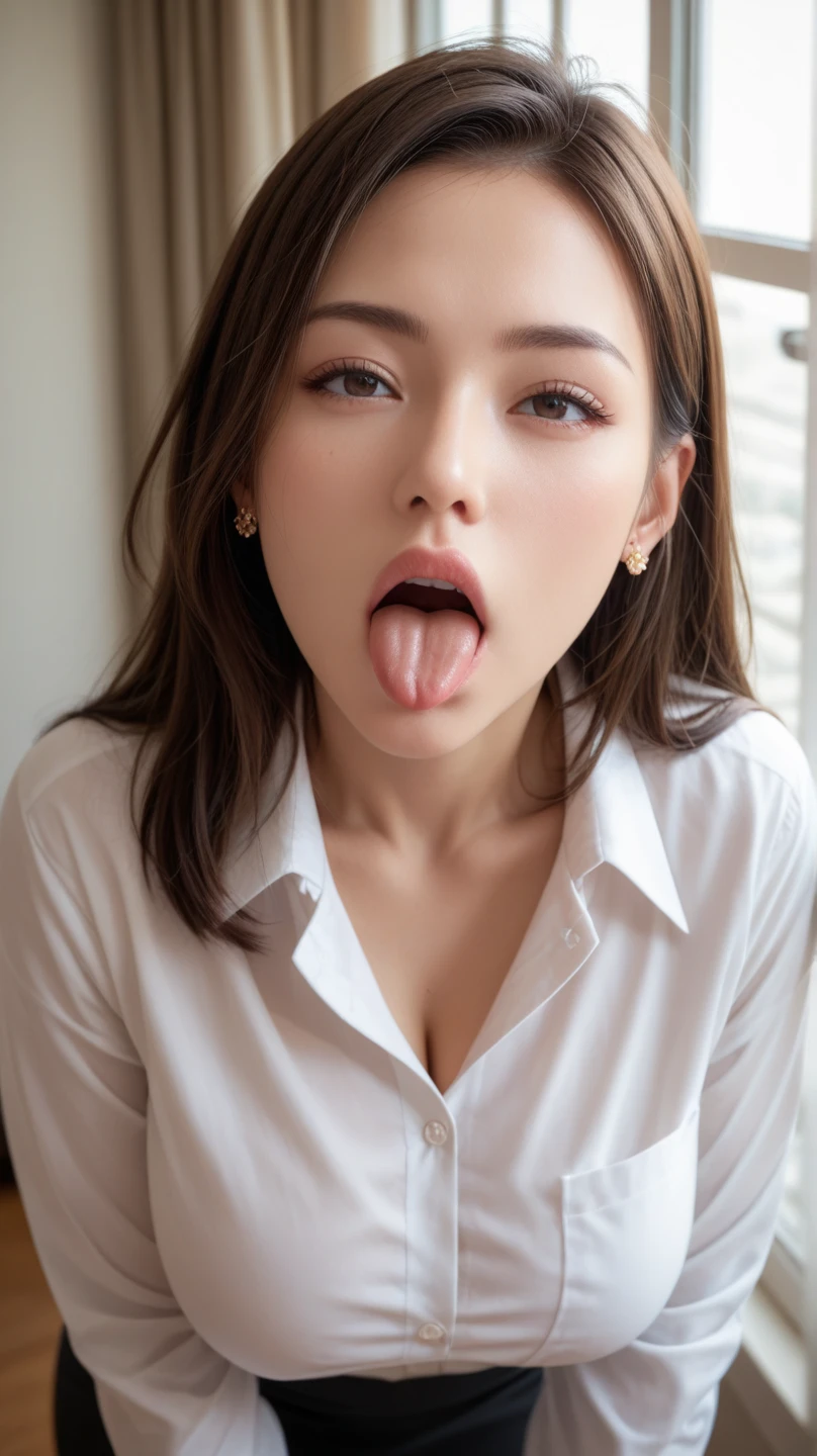 1 girl、debris flies、、award winning photos、very detailed、eye、nose、focus on the mouth、close up focus on face））、口を開けてeyeを閉じた女性、35 years old、black hair、しわeye：1.1、symmetrical face、リアルなnose孔、from belowのアングル、細長いC字型のnose孔NSFW、sweaty skin、Lighting that emphasizes the skin that shines with sweat、((鋭いnose))Skin shiny with sweat、shiny skin、sweaty hair、上eye使い、(wrinkles between eyebrows))(cum on tongue)Lighting that does not cast shadows on your face、from below、(hotel door women uniform、)long tongue、nose下人中が汗で光る、drooling.((drool dripping from the tongue、saliva drips from the tongue))、(((Drool bubbles remain on the tongue、)))female doctor、white clothes、Stethoscope、shortcut、hospital room、