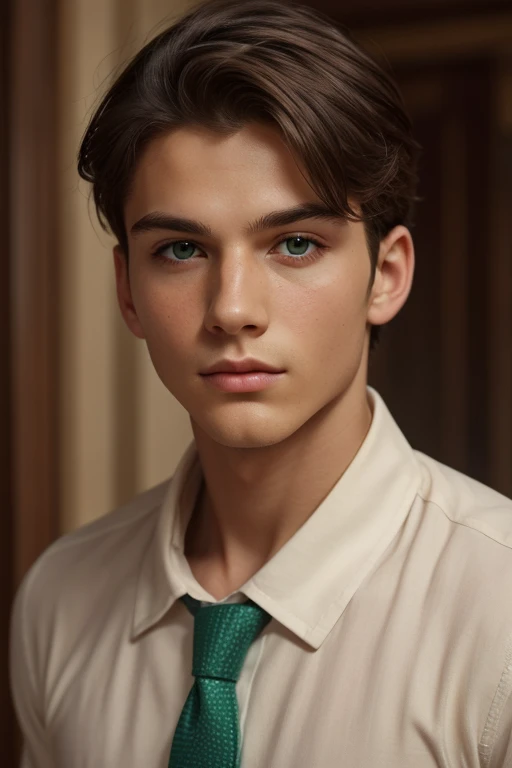 A brown haired boy with green eyes and a suit