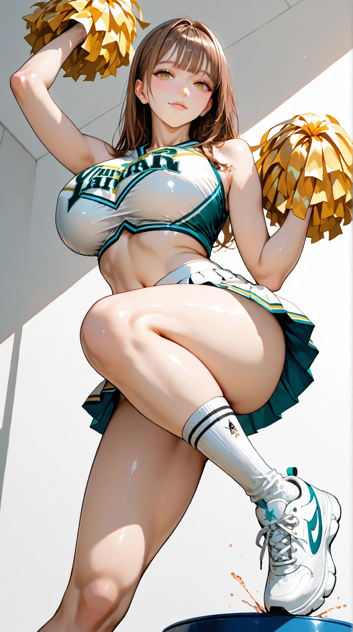 Sexy cheerleader (brown hair) (green eyes) (green and red outfit) (busty) (large breasts) (ponytail)