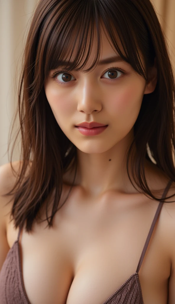 Japanese women、Clothes that do not expose skin、One piece clothes、Close-up of face and chest、Medium Hair