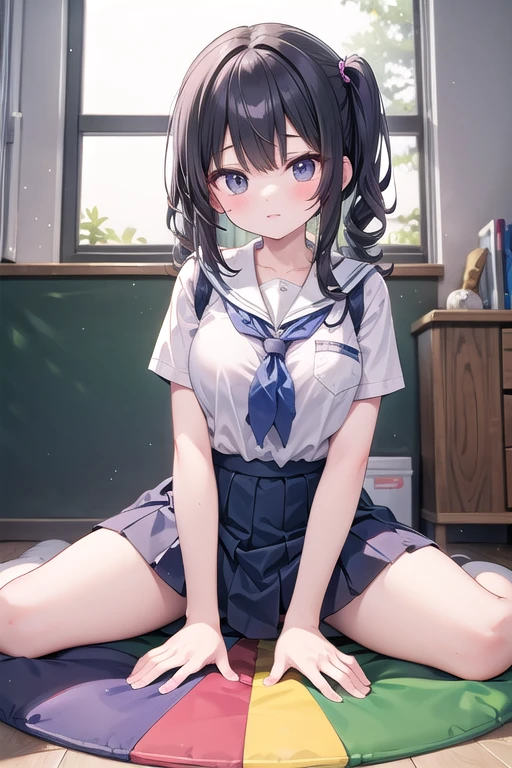 a highschool student girl lifting her navy skirt,showing her black lace panties,large breasts,aroused facial expression,blush,from below view in a hotel room at night,(best quality,4k,8k,highres,masterpiece:1.2),ultra-detailed,(realistic,photorealistic,photo-realistic:1.37),HDR,extreme detail description,vivid colors