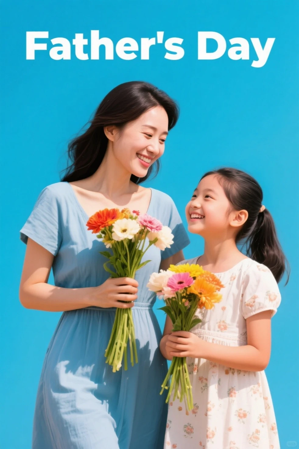 The father lifts the high, laughing, large area of flowers in the foreground, soft light, comfortable tones, hyper-realistic, 8k