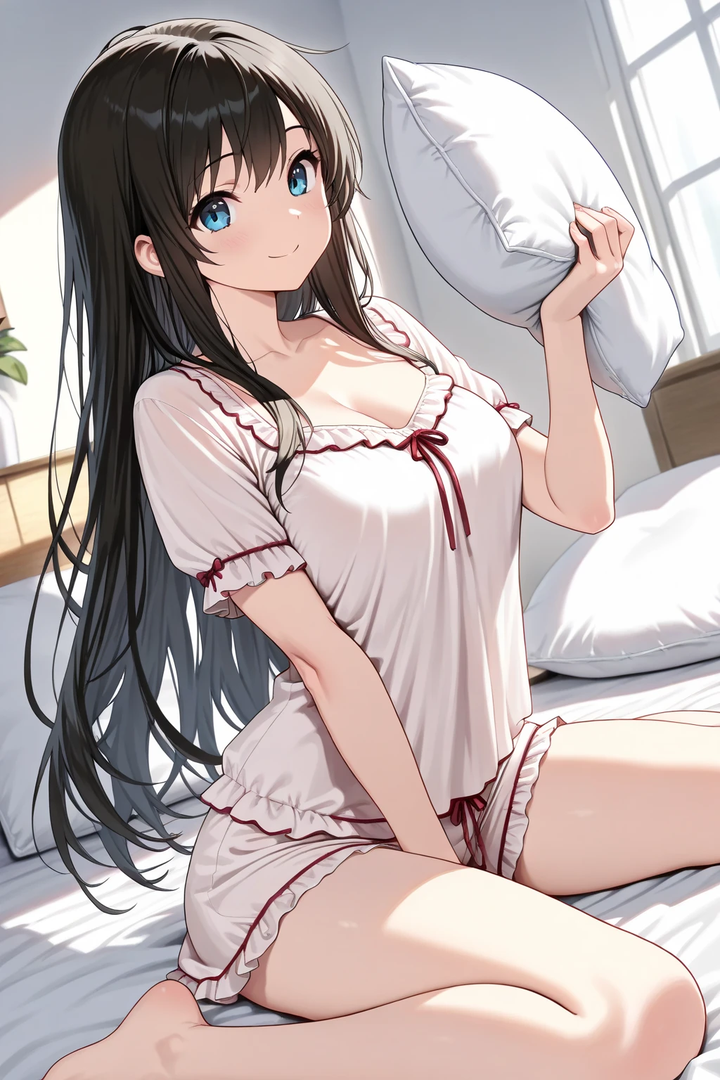 (masterpiece:1.2, expensiveest quality), (realistic, photorealistic:1.4),1 girl, beautiful illustrations, looking at the viewer, whole body, Side view:0.6, Japanese, expensive , (long hair:1.5), blown hair, (half up, half updo), bangs, hair between eyes, beautiful big breasts:0.8, beautiful hair, beautiful face, beautiful and detailed eyes, beautiful clavicle, beautiful body, beautiful , beautiful feet, beautiful fingers, (beautiful scenery), , Lying on the bed in the bedroom, ((Pajama uniform with collared short sleeves and skirt, )), white panties, (lift the skirt, put your hand on your chest), blush, ,