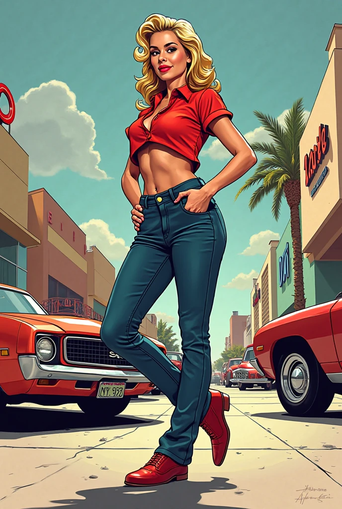 there is a woman in a bikini standing on the side of the road, standing in front of lowrider, inspired by Greg Hildebrandt, style of gta v artworks, realistic artwork, photorealistic digital art, lowrider style, highly detailed hyper real retro, pinup art, inspired by Art Frahm, photorealistic digital arts, stylized digital illustration