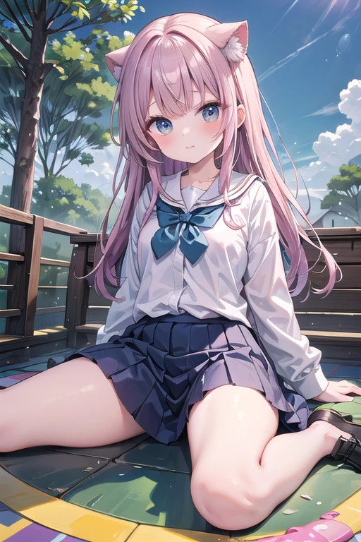 1girl in、A smile、The shirt、skirt by the、（small tits）Chilarism、Japan High School Student Uniform、serafuku、summer clothing、Squall Drenched Uniform、（Sheer Bra）、Upper body portrait、light cream hair、Squatting panchira、