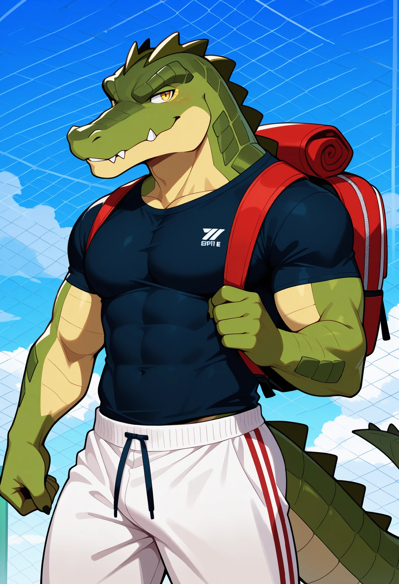 crocodile in shirt posing for photo, Ripped, perfect body, Big chest, lean and muscular, well-muscled, lean but muscular, beautiful handsome body, very muscular, muscular bodies, (Open V t-shirt: 1.5), ((formal clothes)) Muscular, sexy muscular body, Chiseled, musculature, Attractive body, well-muscled, muscular build, Gentle face, Prince, (bulge: 1.3), (hand on bulge: 1.3), by Maldu