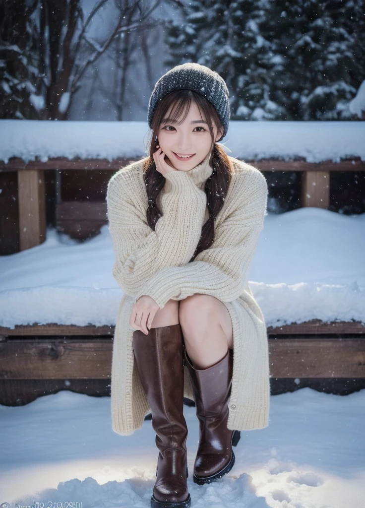 High definition, detailed details, 20-year-old woman, gal,、brown hair、smile, in the snow park, Bratop and Staring from the Front; angle from the front; squat; open your legs; open legs; sit with legs apart; 8k quality,、Low - Angle