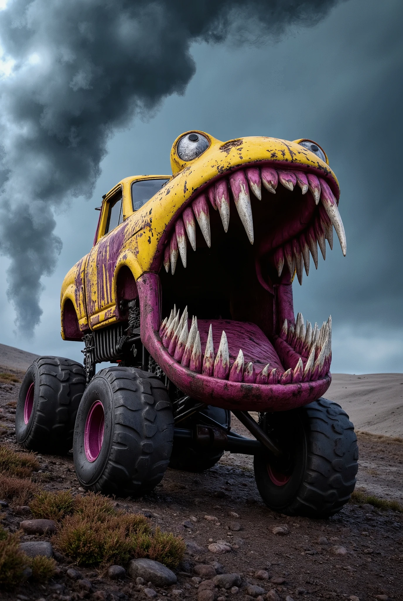 a cartoon chaos race car monster truck with huge wide open vicious sharp jaws, yellow and purple, wastelands background, violent storm, best quality, very detailed, hdr, uhd, dynamic, wide shot