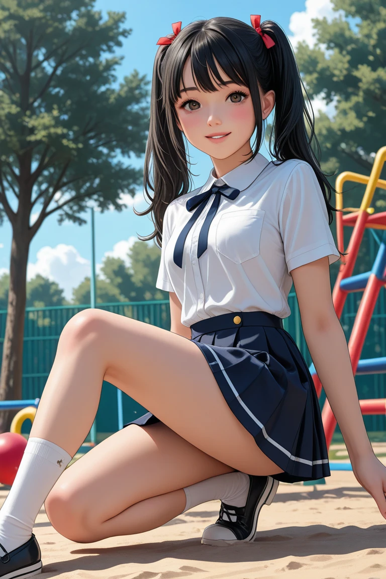 NSFW, 4K, 8K, 16 K, masutepiece, Best Quality, 超A high resolution, high-definition RAW color photography, professional photograpy, (photographrealistic:1.5), depth of fields, Lens Glow, Nikon D850, 45.75 megapixels,Best ISO setting 25600 on DSLR, Small opening size, (Full body:1.3), (From below:1.4), (Looking at Viewer:1.2), ( asian girl:1.4), (sitting in a bench:1.4), Young Pretty Idol, super model, Japanese Idol, (Cute Schoolgirl:1.5), (high detailed cute face:1.7), (High detailed eyes:1.6), (large eyes with double eyelids:1.7), (Cute eyes:1.5), (Smile:1.7), (Black hair), (School uniform:1.7), (Huge breasts:1.5), (Erect :1.2), (pantyshot:1.2), (White panty:1.2), highly detailed back ground, (The wind is blowing strongly:1.2), enchanting atmosphere, (Sunlit atmosphere:1.1), (Natural lighting:1.2)