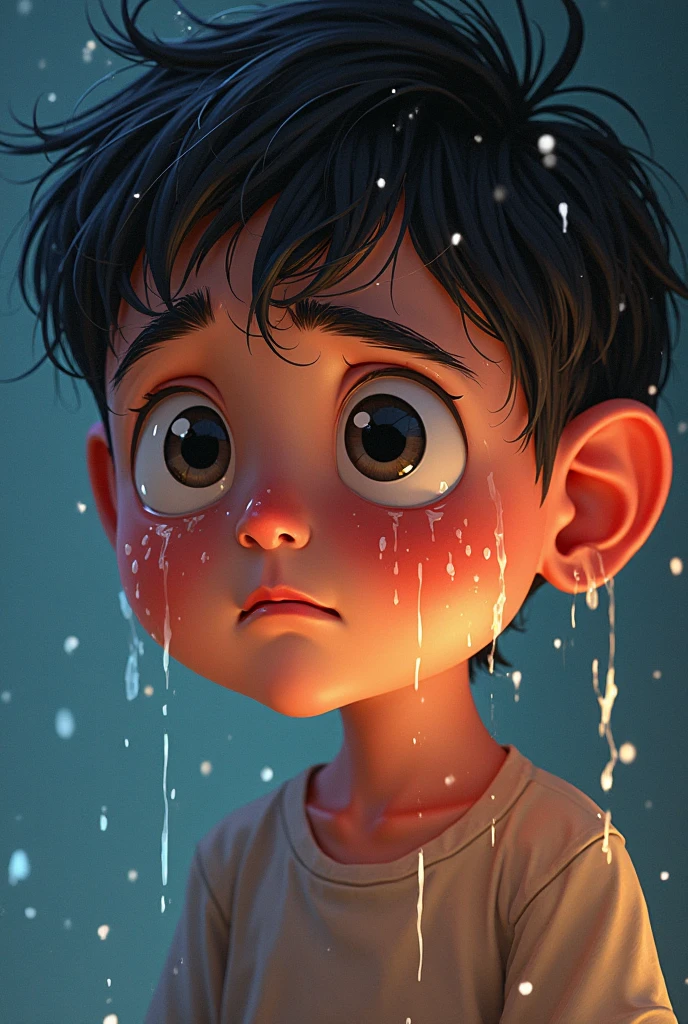 A boy very sad in ran  shirt name sadeed
