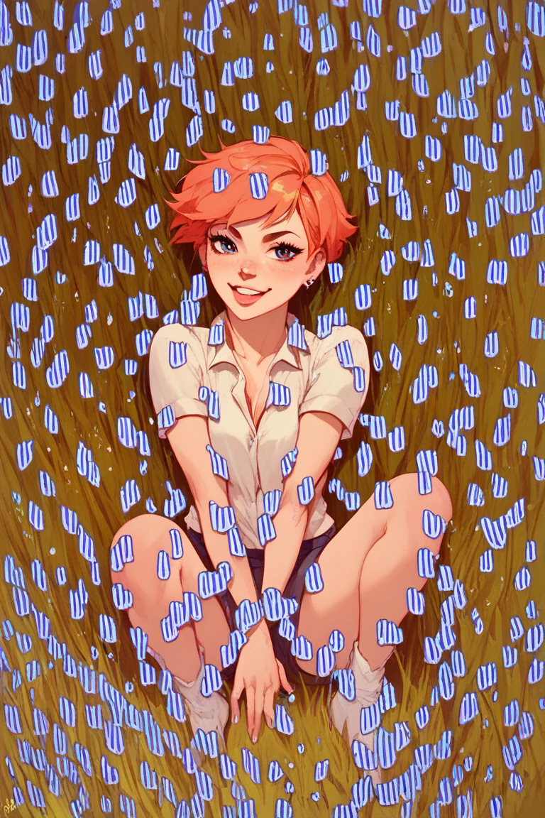 lois, 1girl, blue earrings, short hair, solo, lipstick, orange hair,looking at viewer, smile, full body, nude body , breasts, pussy, wet skin, wet hair, shy, horny, all fours, back view, ass, spread ass, anus, pussy juice,