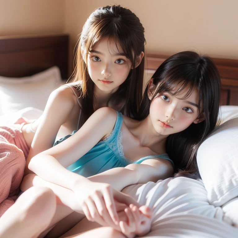 No pajamas、Light blue thong、18-year-old、Japanese、Human face、Light blue bra、on the pink sofa、in my room、small cleavage、Japanese
